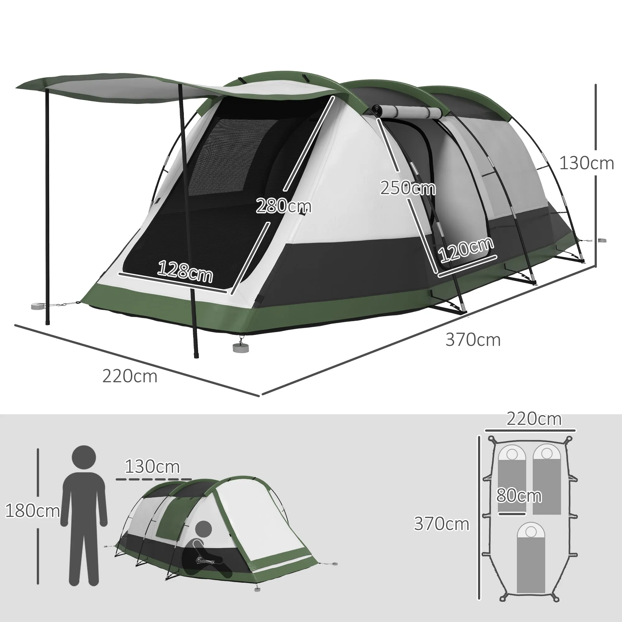 3-4 Man Camping Tent, Family Tunnel Tent, 2000mm Waterproof, Portable with Bag, Green