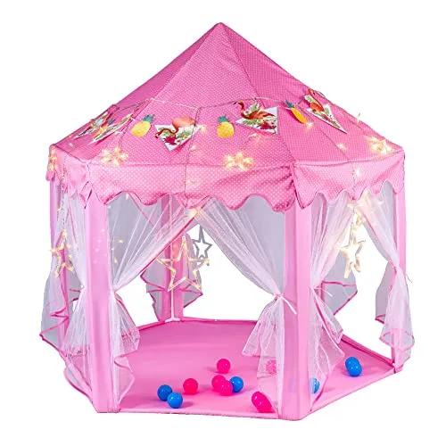 55"x 53" Princess Castle Play Tent for Girls Playhouse with 138 LED Star String Lights and Banners Decor, Kids Game House for Indoor Outdoor Game(Pink)