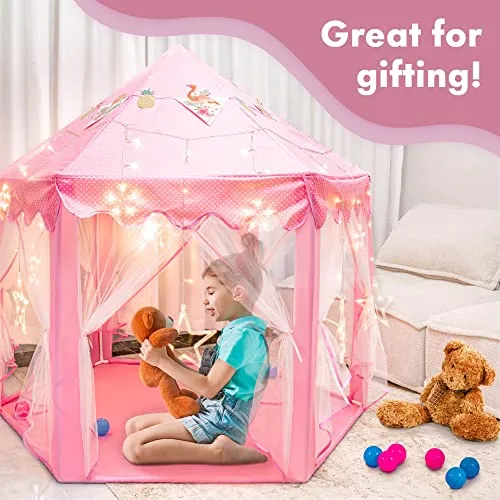 55"x 53" Princess Castle Play Tent for Girls Playhouse with 138 LED Star String Lights and Banners Decor, Kids Game House for Indoor Outdoor Game(Pink)