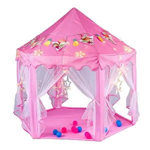 55"x 53" Princess Castle Play Tent for Girls Playhouse with 138 LED Star String Lights and Banners Decor, Kids Game House for Indoor Outdoor Game(Pink)