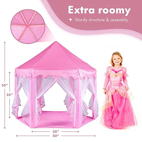 55"x 53" Princess Castle Play Tent for Girls Playhouse with 138 LED Star String Lights and Banners Decor, Kids Game House for Indoor Outdoor Game(Pink)