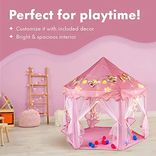 55"x 53" Princess Castle Play Tent for Girls Playhouse with 138 LED Star String Lights and Banners Decor, Kids Game House for Indoor Outdoor Game(Pink)