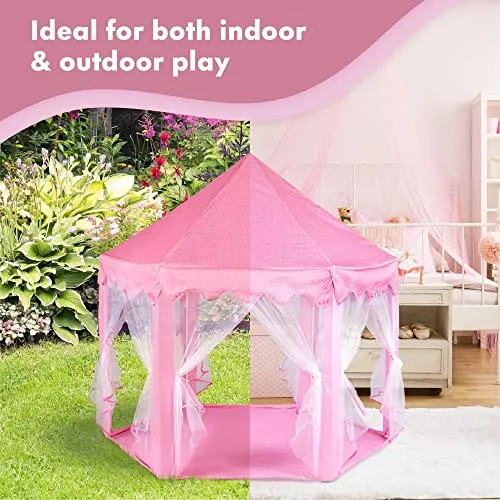 55"x 53" Princess Castle Play Tent for Girls Playhouse with 138 LED Star String Lights and Banners Decor, Kids Game House for Indoor Outdoor Game(Pink)