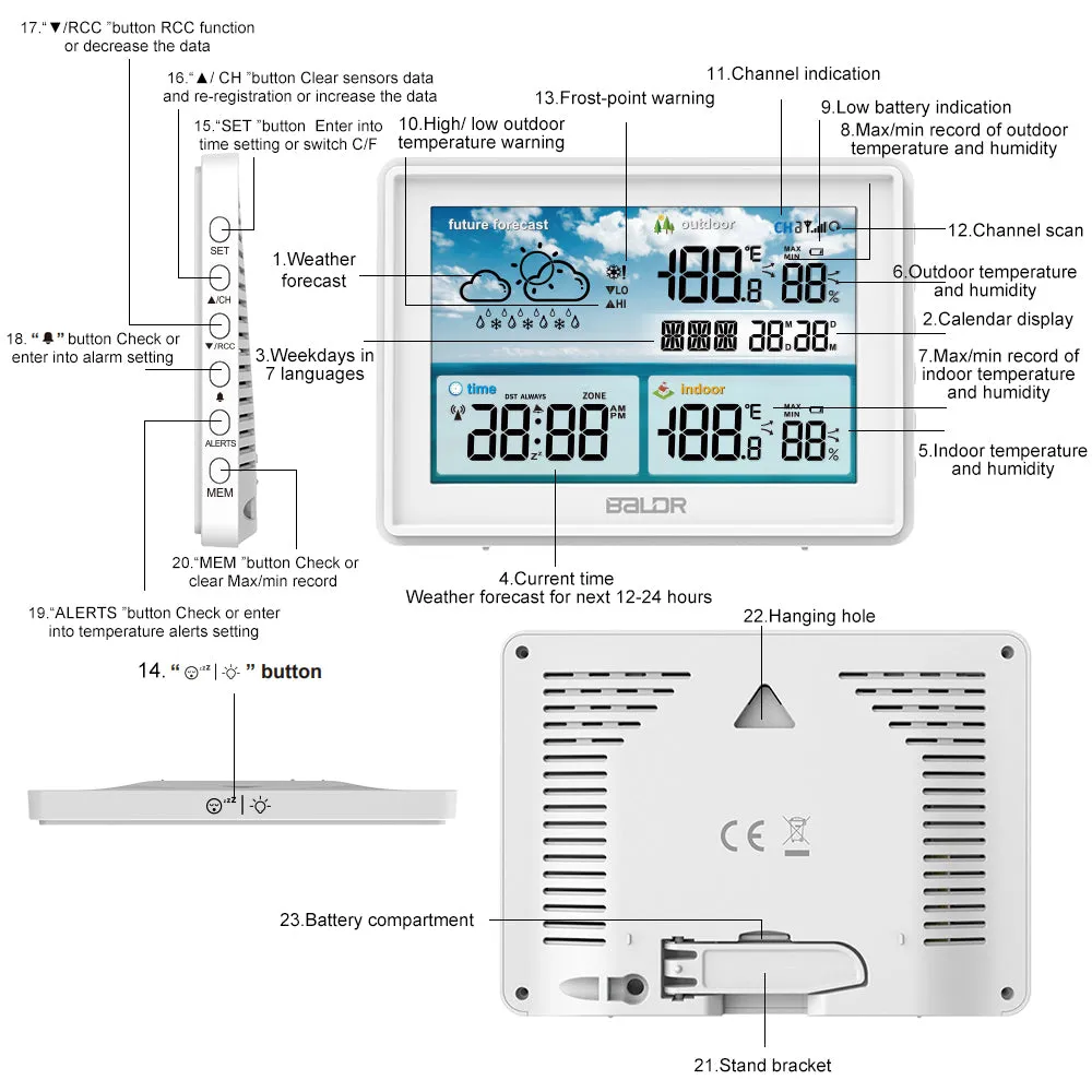 BALDR Atomic Wireless Weather Station with Indoor Outdoor Thermometer & Hygrometer