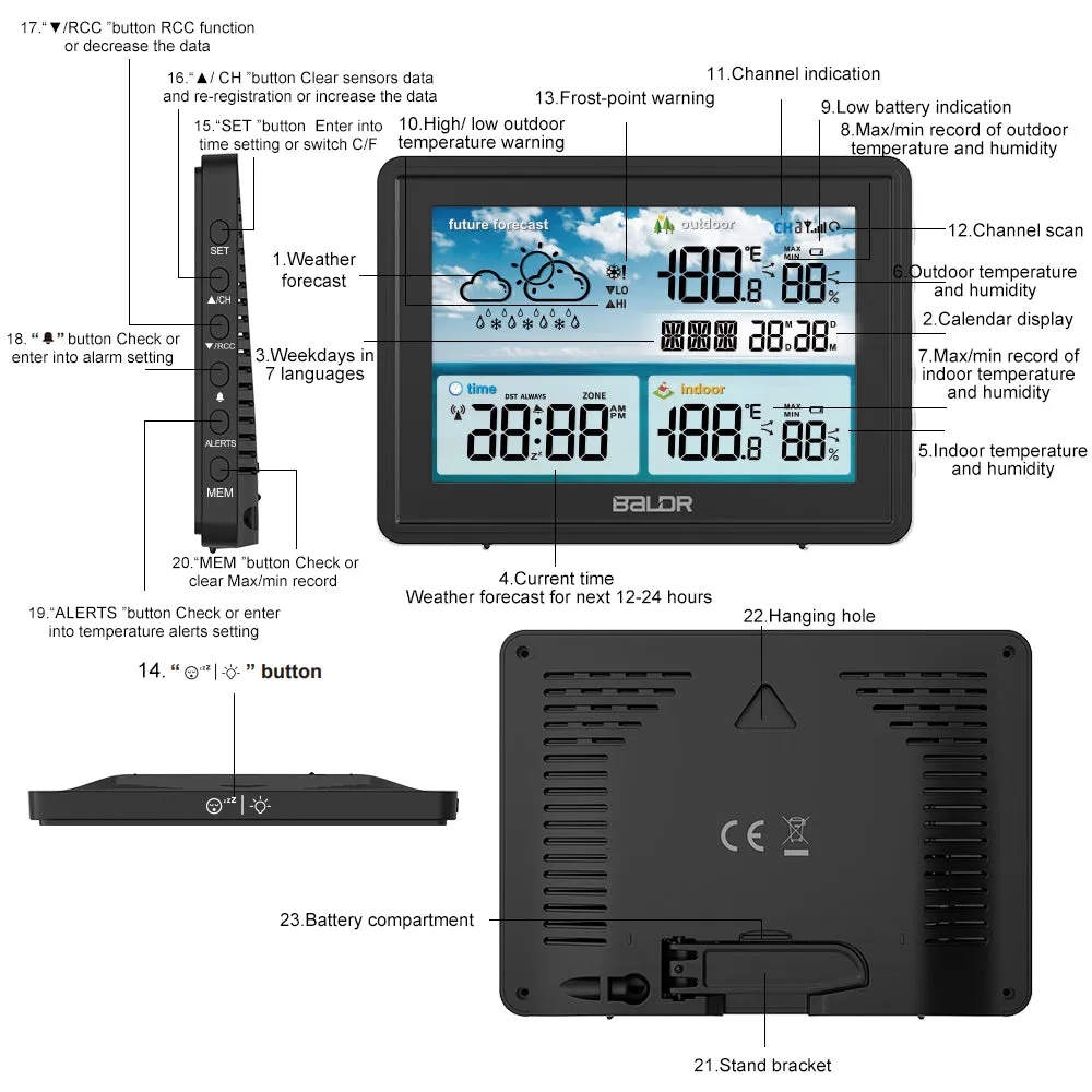 BALDR Atomic Wireless Weather Station with Indoor Outdoor Thermometer & Hygrometer