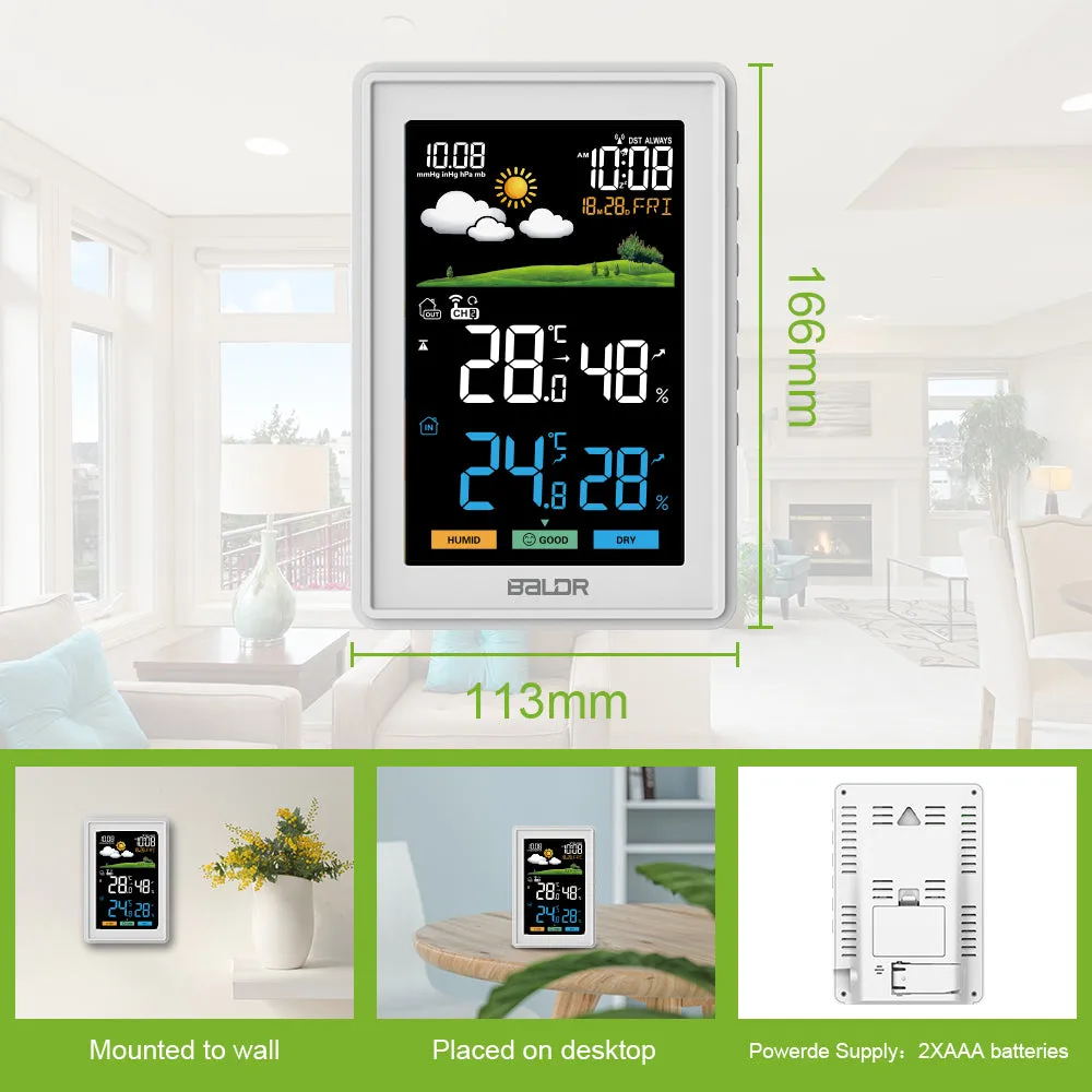 BALDR Weather Station Wireless Indoor Outdoor Thermometer - Color LCD Display Weather Forecast - Atomic Wall Clock