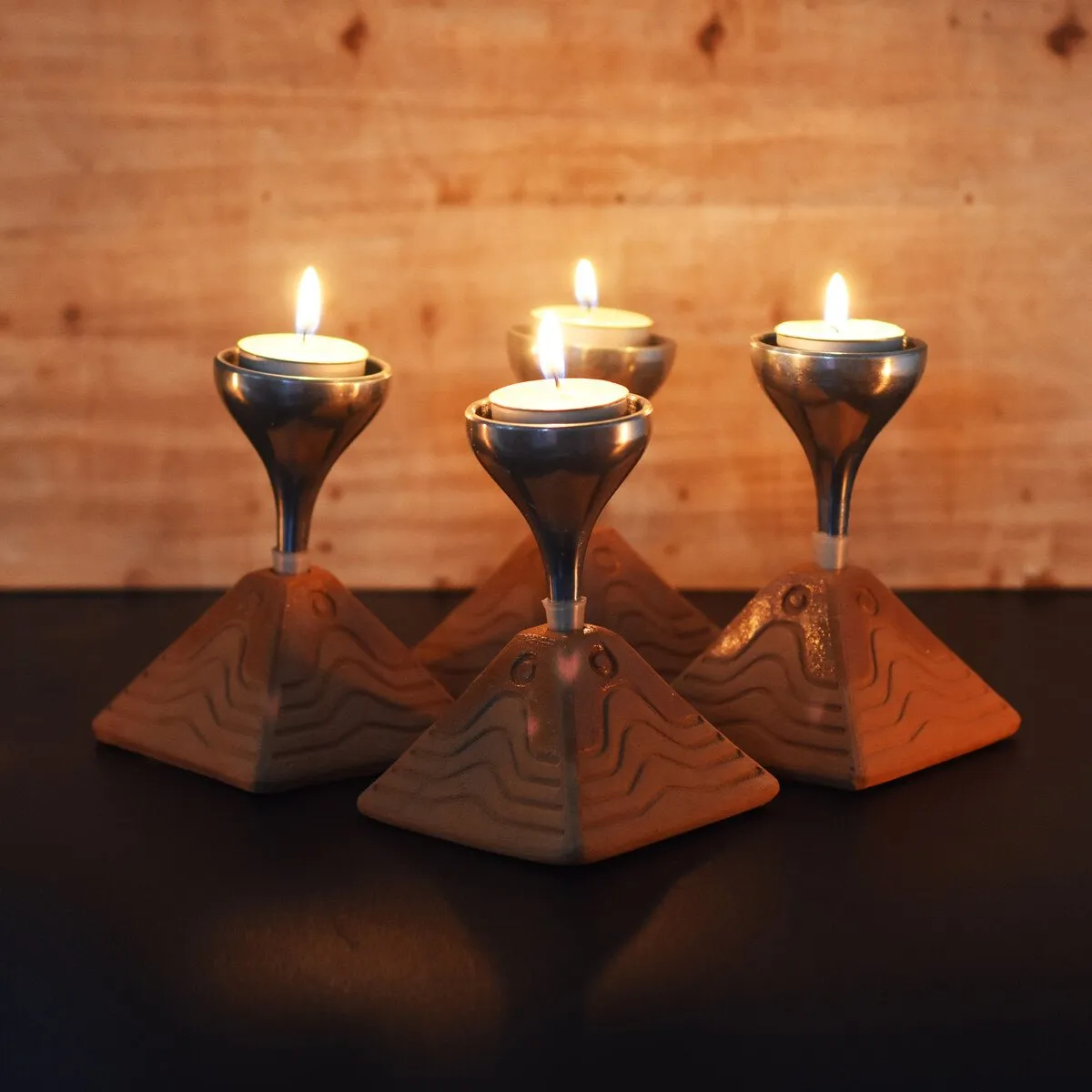 Bliss Pyramid Aluminum Candle Holder- Set of 4 with Free 4 Soywax Tealights