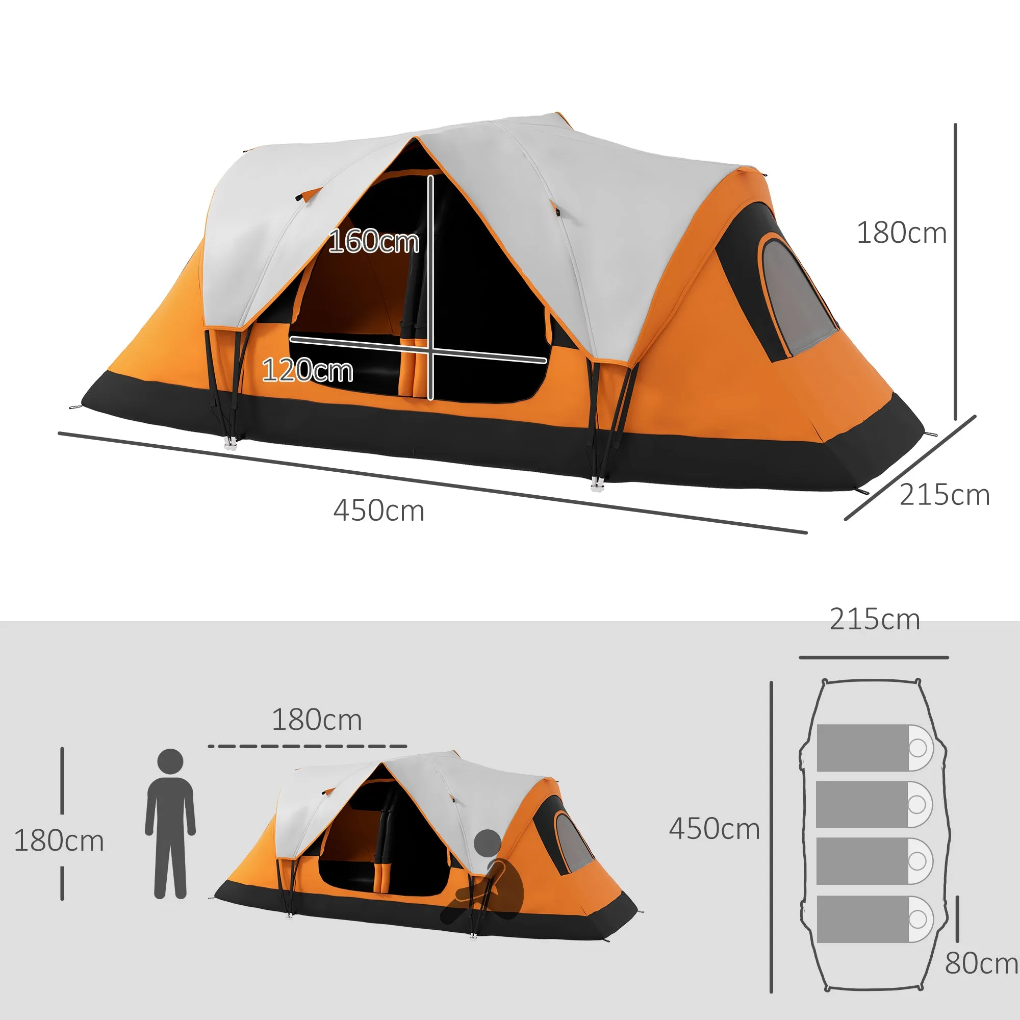 Camping Tent for 6-8 Man with 2000mm Waterproof Rainfly and Carry Bag for Fishing Hiking Festival, Orange