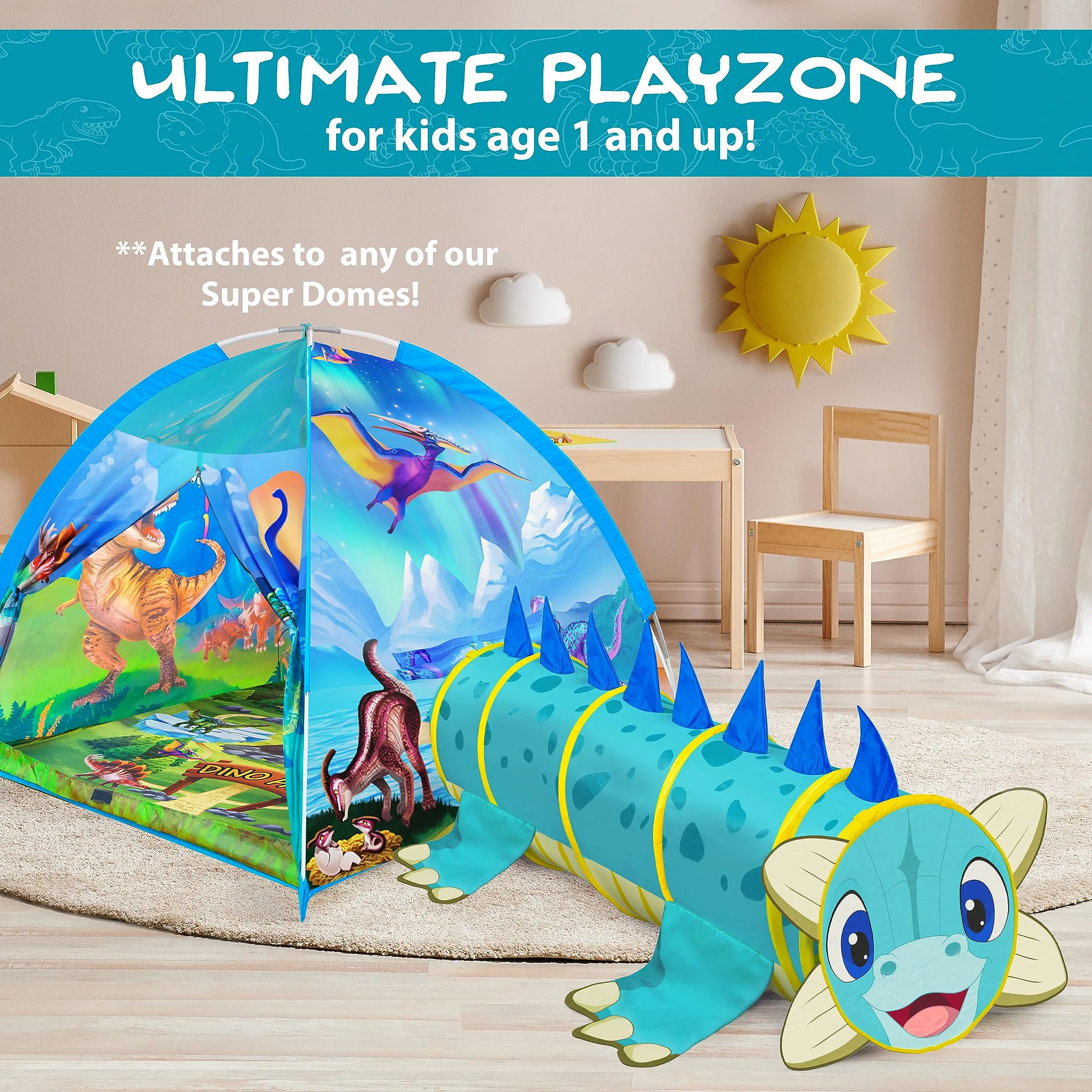 Dino-Themed 5ft Kids Tunnel with Hide 'n' Seek Doors by W&O