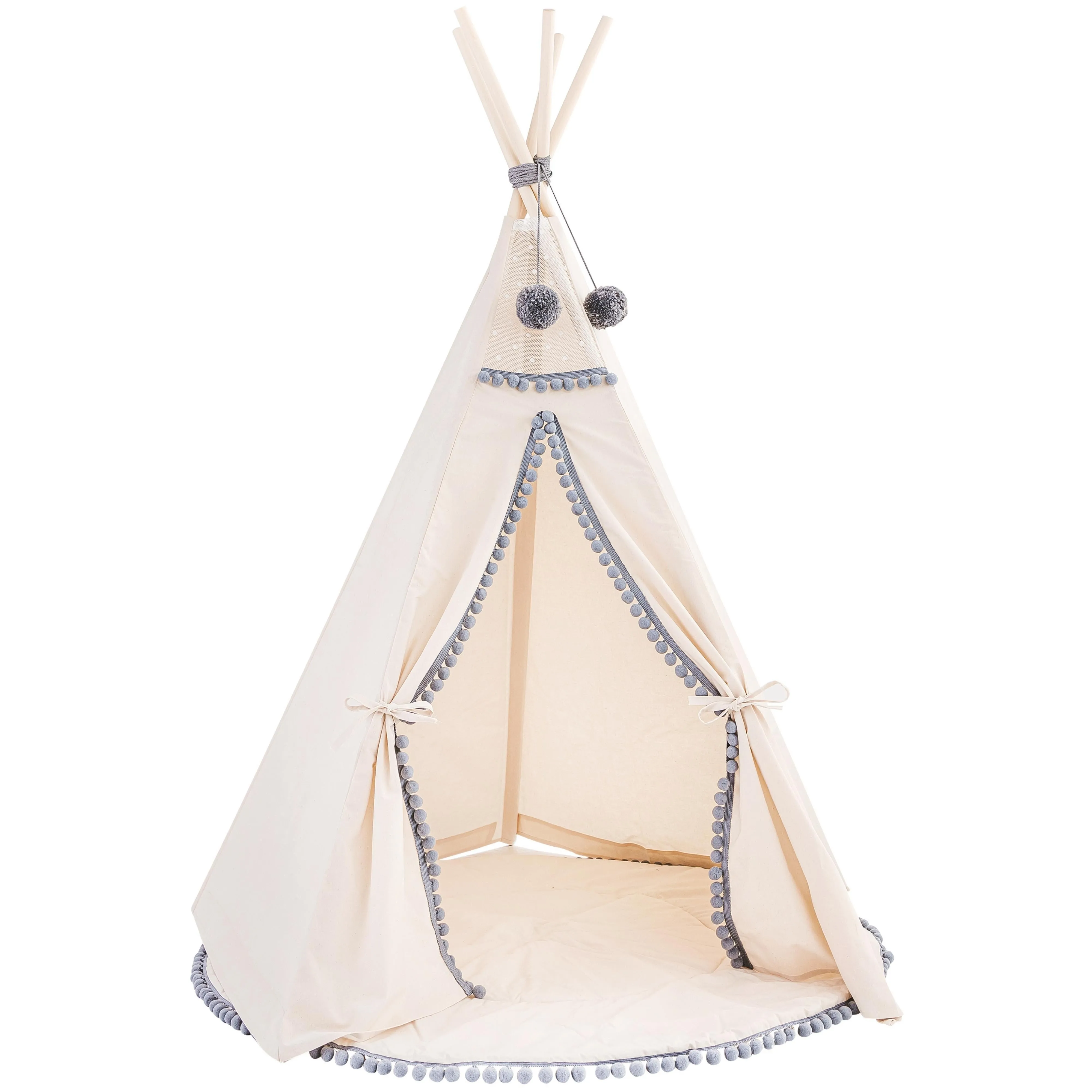 Minicamp Kids Teepee In Off-White With Grey Pompoms