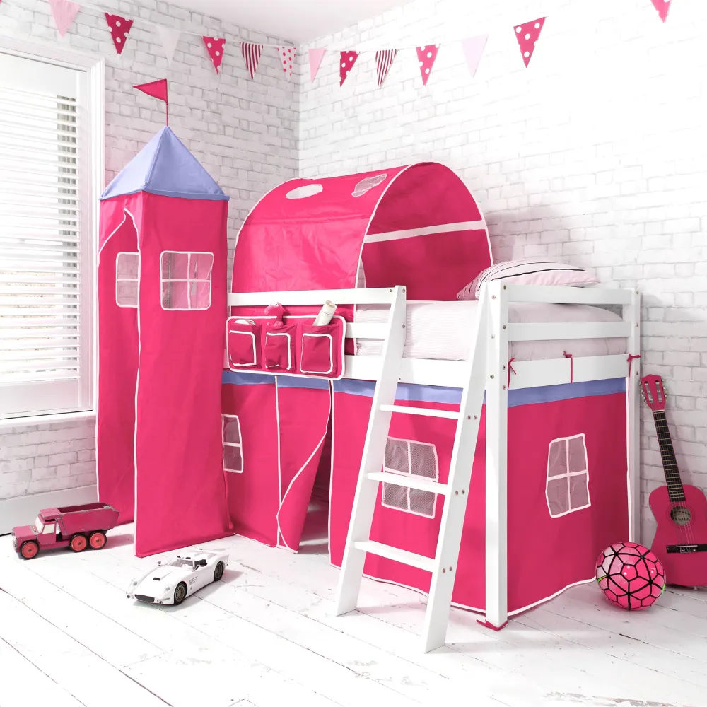 Moro Cabin Bed Midsleeper with Cotton Pink Tent, Tower & Tunnel in Classic White