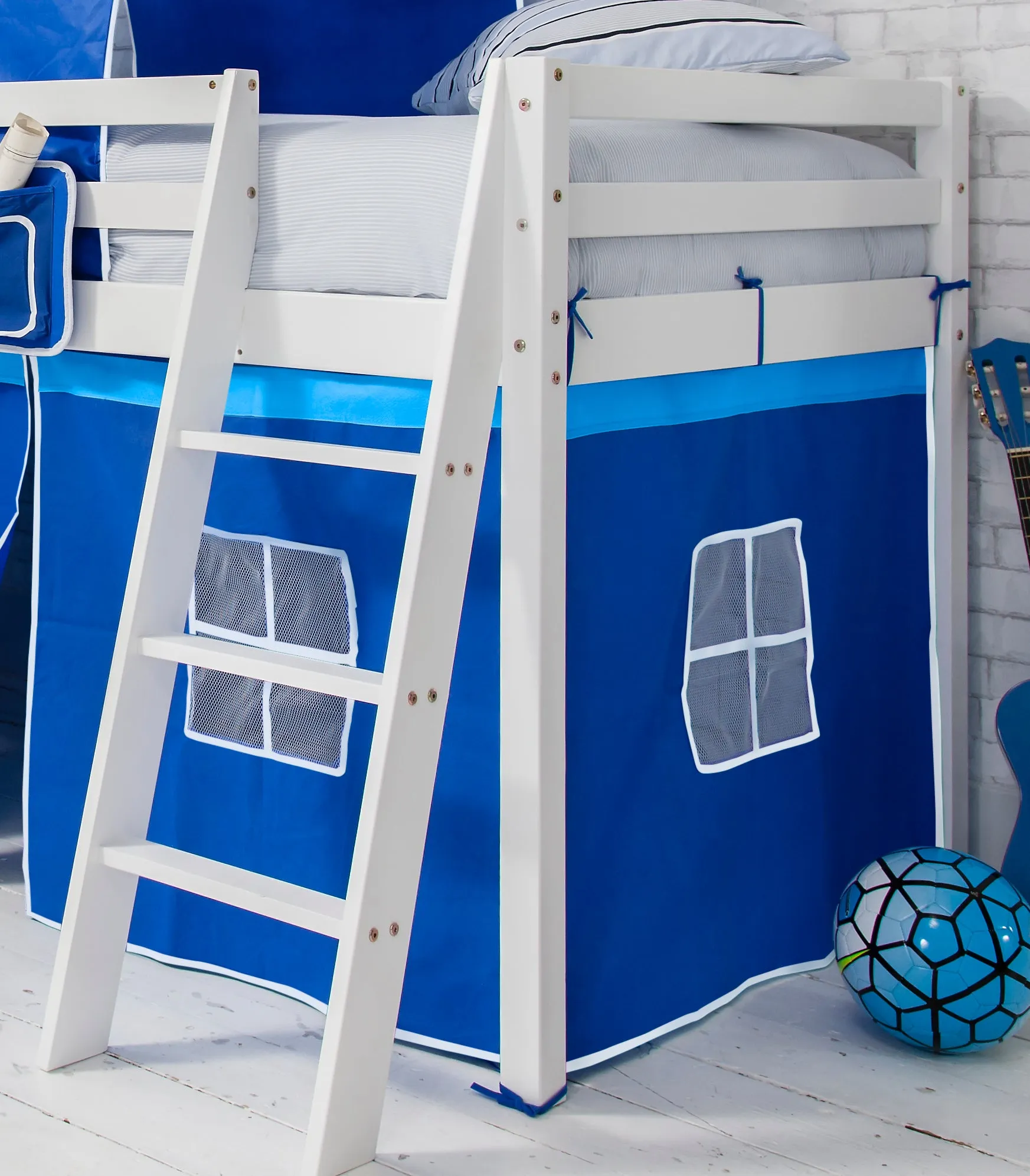 Moro Cabin Bed with Ladder and Brilliant Blue Cotton Tent, Tower & Tunnel in White