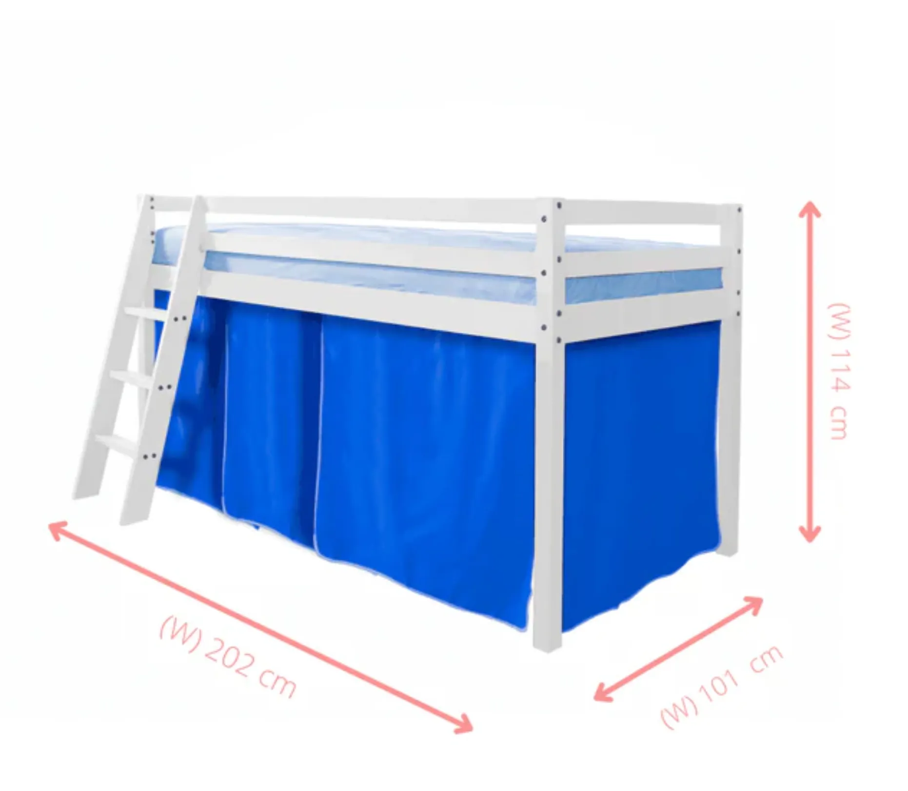 Moro Cabin Bed with Ladder and Brilliant Blue Cotton Tent, Tower & Tunnel in White