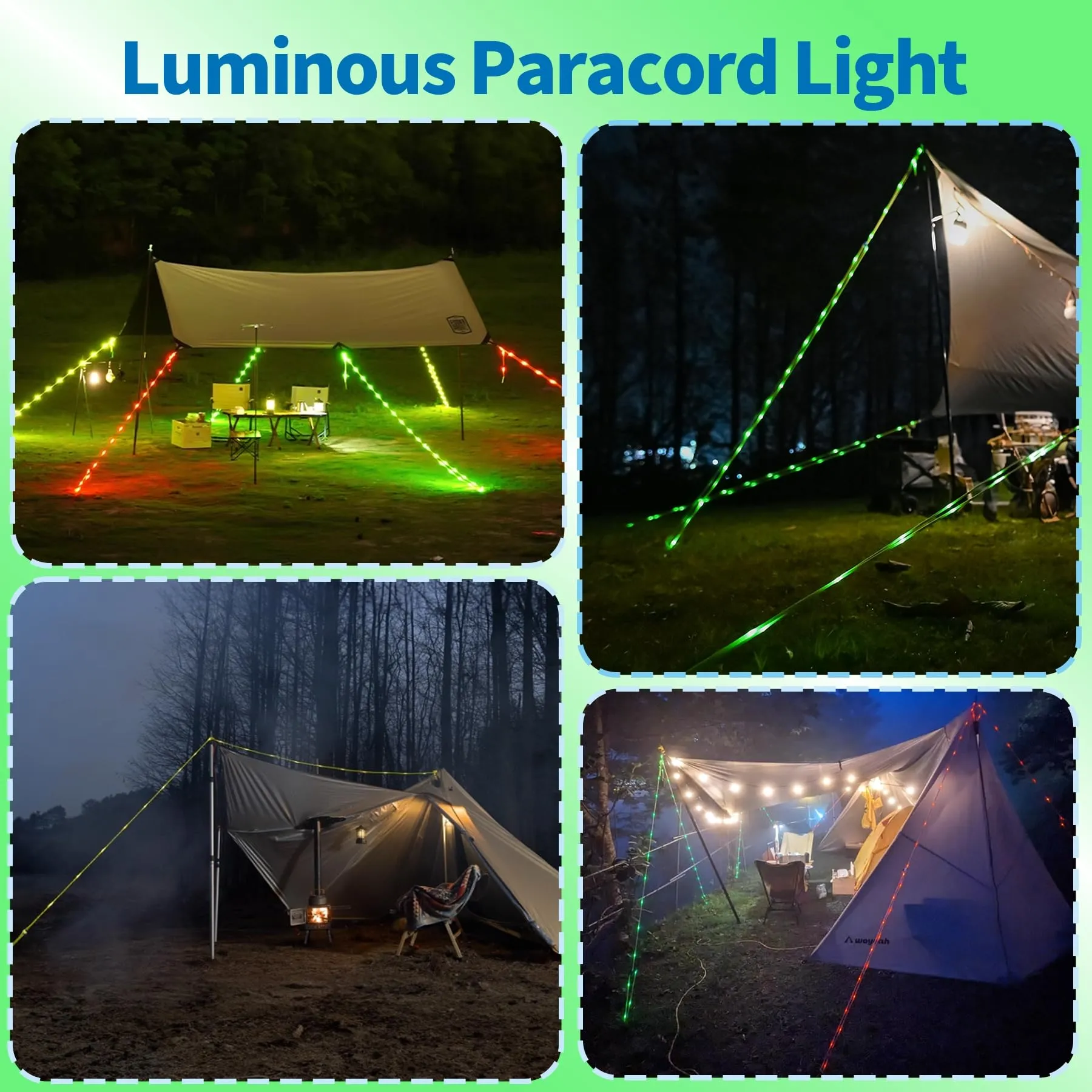 P auke'réi Luminous Paracord Light, Camping Rope Light, Tent Wind Rope Light, Warning Light, Waterproof Marine Rope, Nylon Rope, Outdoor LED Rope Light, Φ6mm, L16.4ft / 5m (Neon Green, 1, Count)