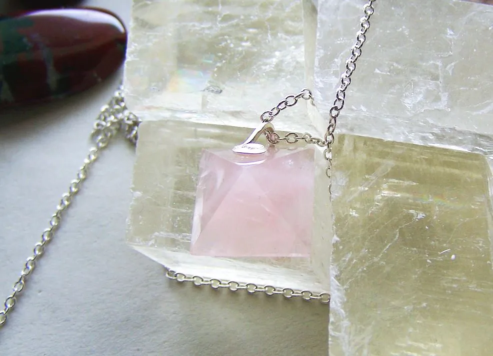 Rose Quartz Natural Gemstone Pyramid Pendant Necklace