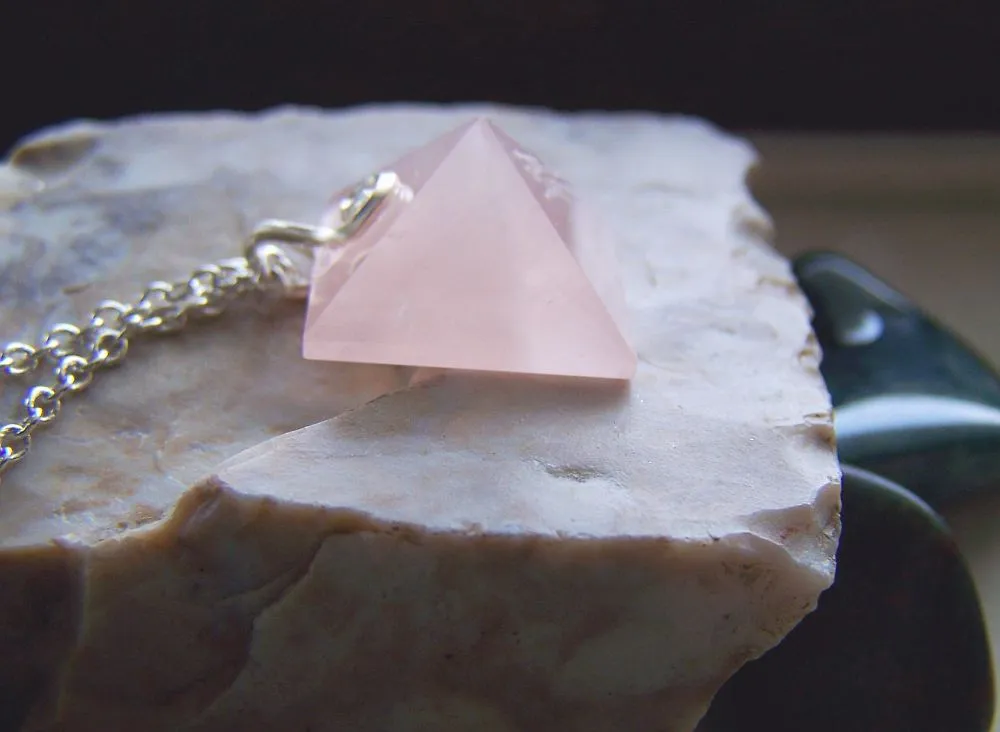 Rose Quartz Natural Gemstone Pyramid Pendant Necklace