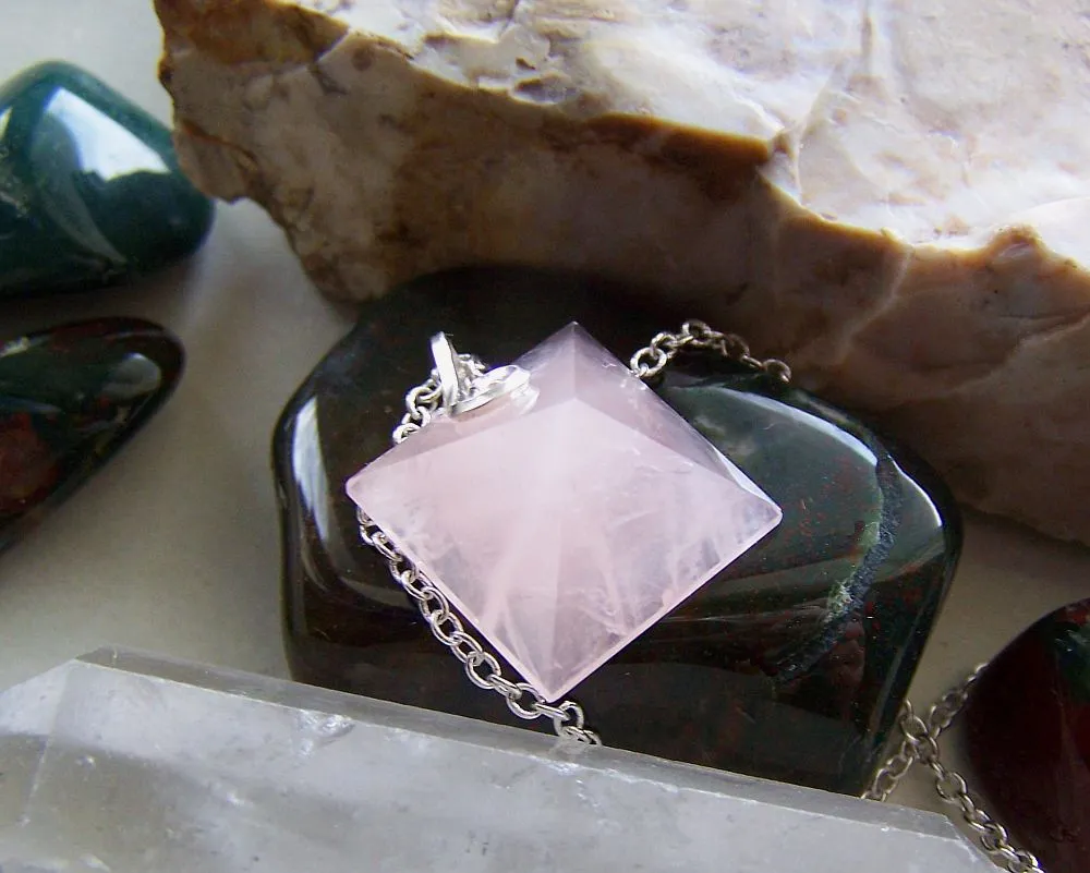 Rose Quartz Natural Gemstone Pyramid Pendant Necklace