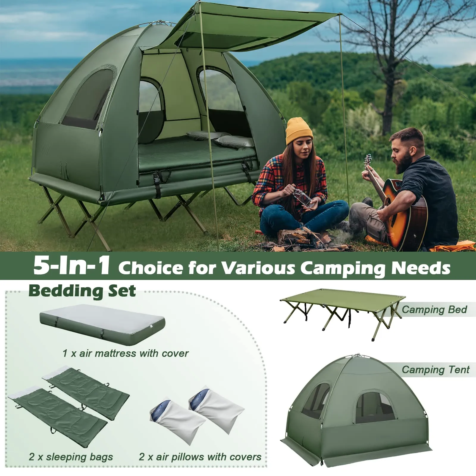 Tangkula 2-Person Outdoor Foldable Camping Tent with Air Mattress & Sleeping Bag