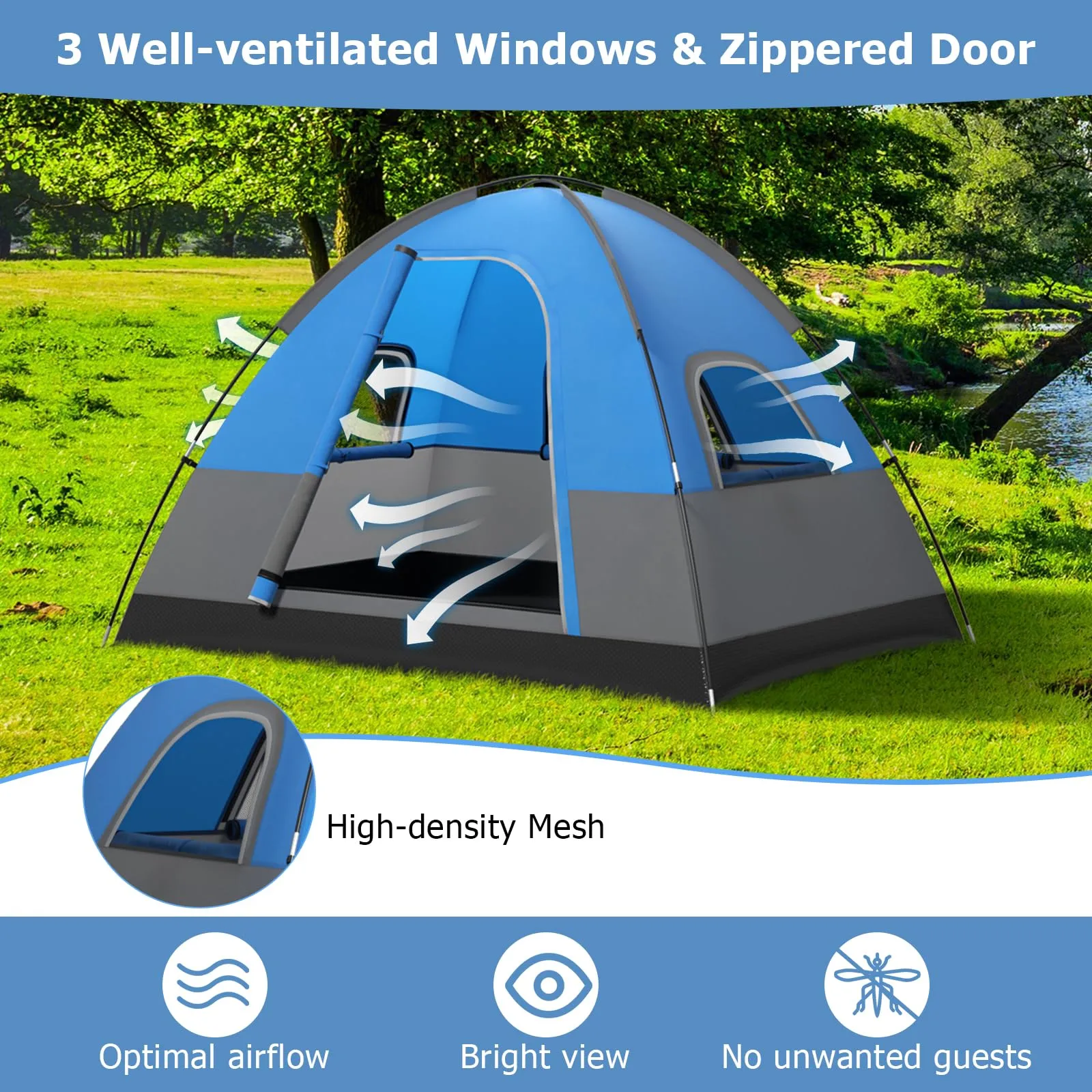 Tangkula 3 Person Outdoor Camping Tent, Waterproof Family Tent w/Removable Floor Mat