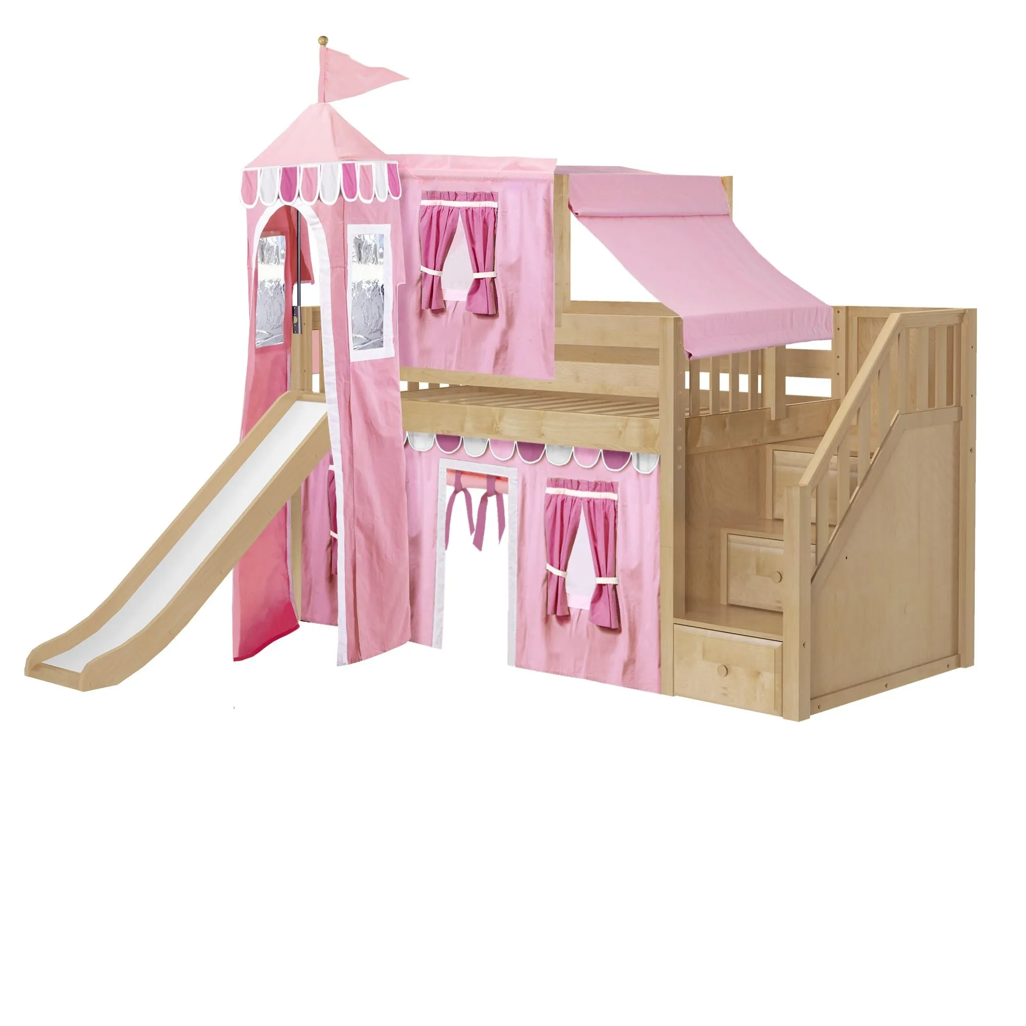 Twin Low Loft Bed with Stairs, Slide, Top Tent, Underbed Curtain and Slide Tower