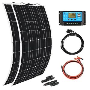 XINPUGUANG Flexible Solar Panel 200W 12V Solar Panel kit 2pcs 100w Monocrystalline Photovoltaic Module 20A Controller for Home,RV,Caravan,Boat and Other Battery Charger（200W