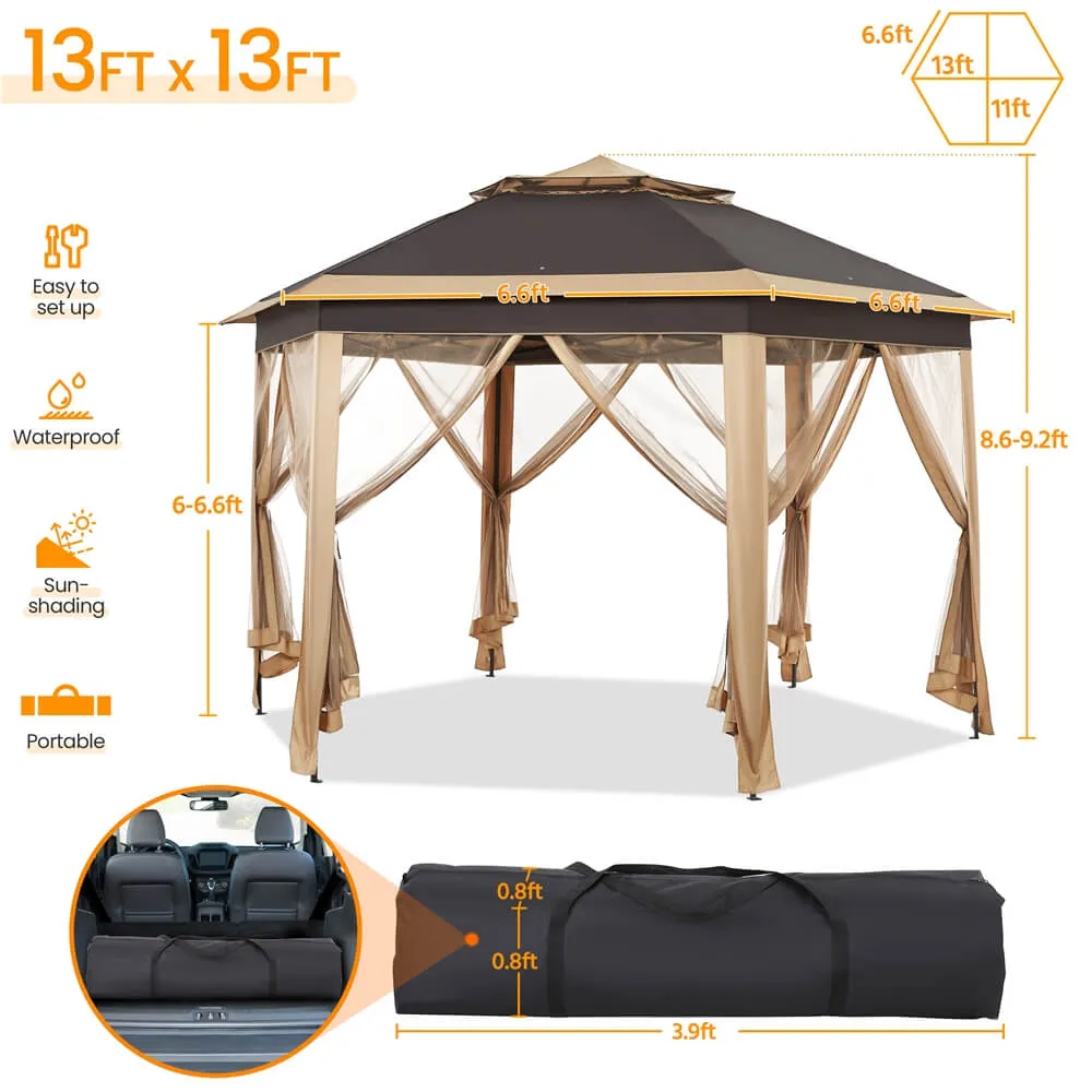 Yaheetech 13’ X 13’ Hexagonal Pop up Gazebo, Khaki/Brown