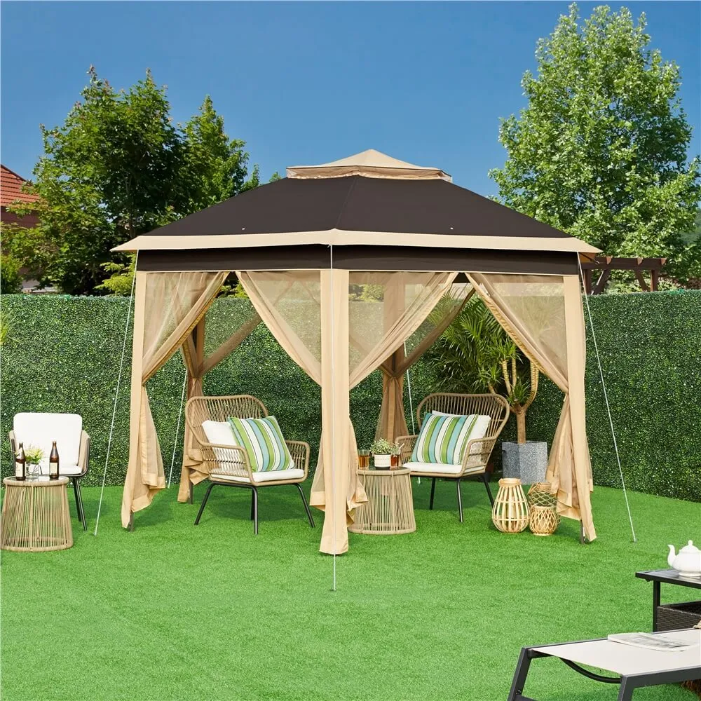 Yaheetech 13’ X 13’ Hexagonal Pop up Gazebo, Khaki/Brown